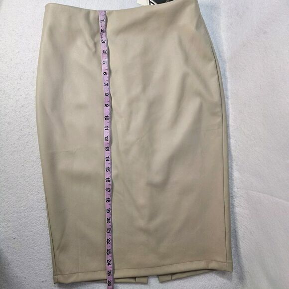 SINCERELY JULES Faux Leather Pencil Skirt Zip Below Knee Beige Sz Large Slit - Picture 2 of 6